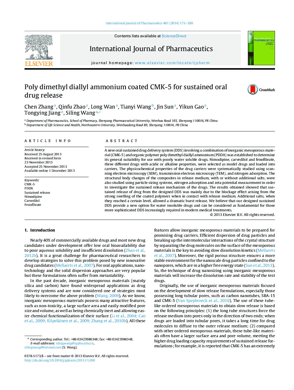 Poly dimethyl diallyl ammonium coated CMK-5 for sustained oral drug release