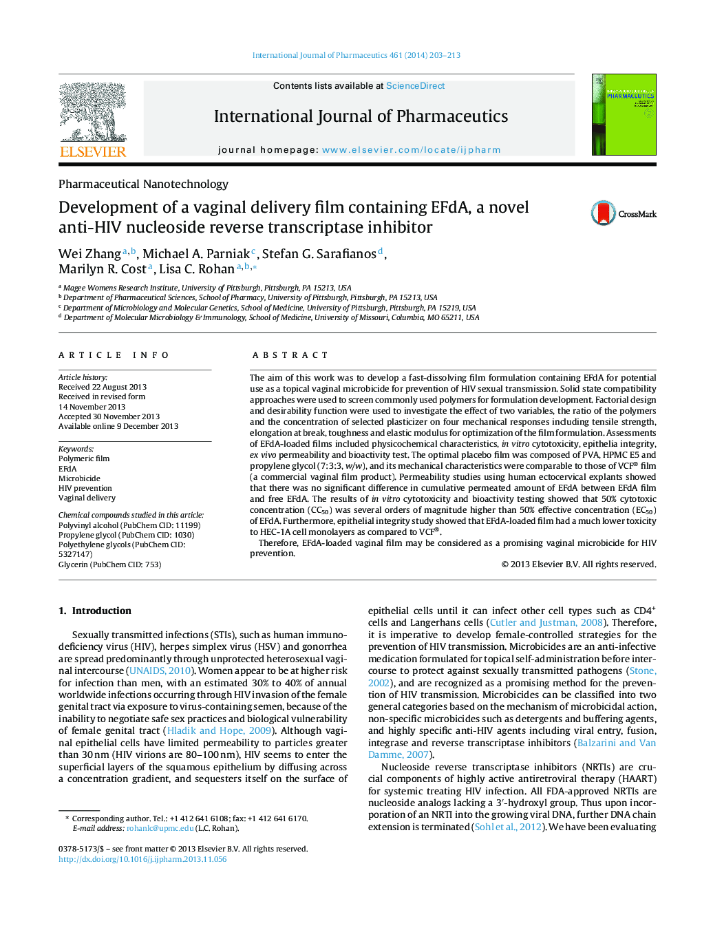 Development of a vaginal delivery film containing EFdA, a novel anti-HIV nucleoside reverse transcriptase inhibitor