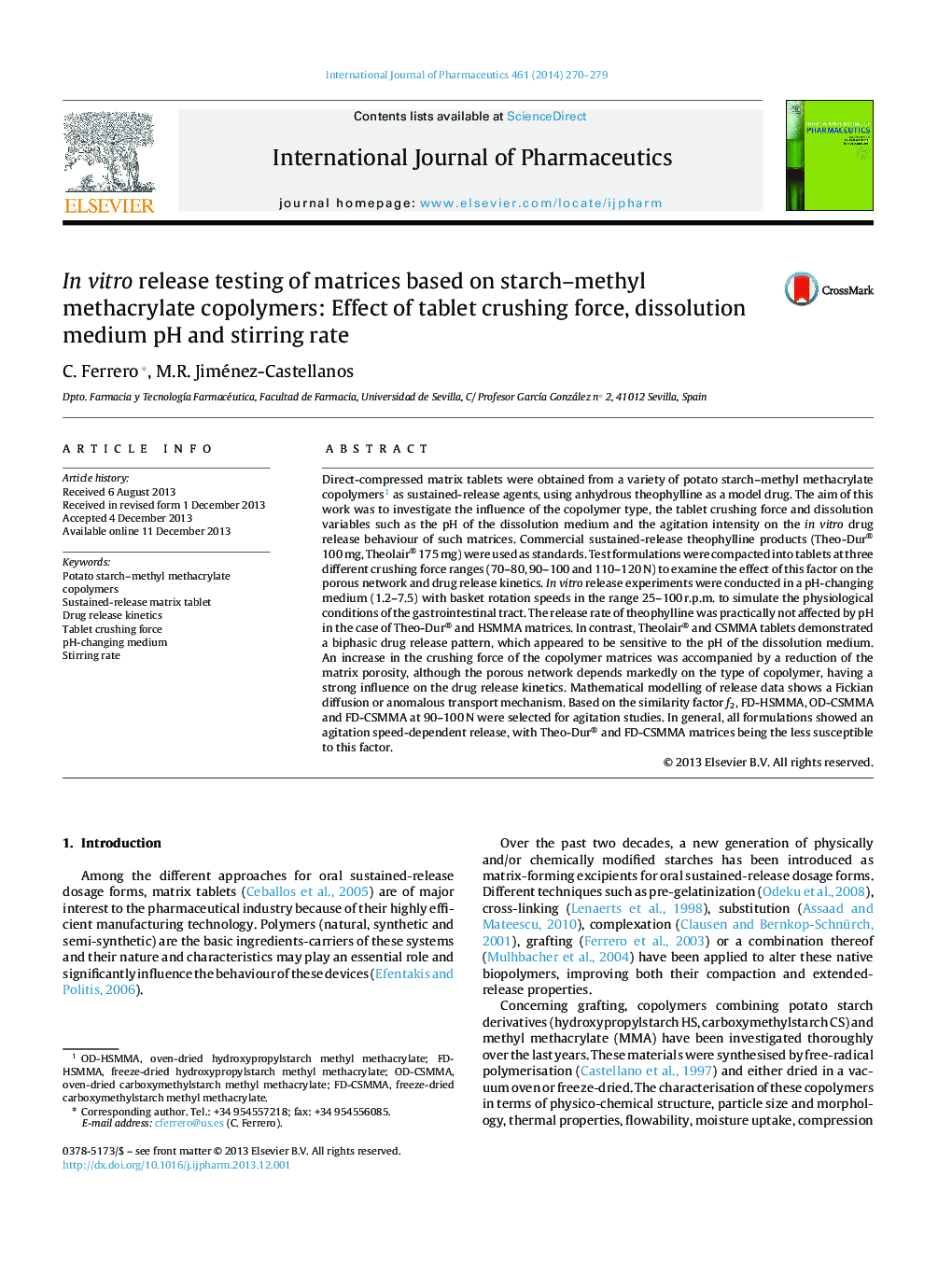 In vitro release testing of matrices based on starch–methyl methacrylate copolymers: Effect of tablet crushing force, dissolution medium pH and stirring rate