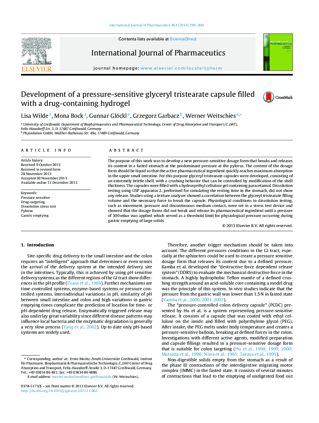 Development of a pressure-sensitive glyceryl tristearate capsule filled with a drug-containing hydrogel