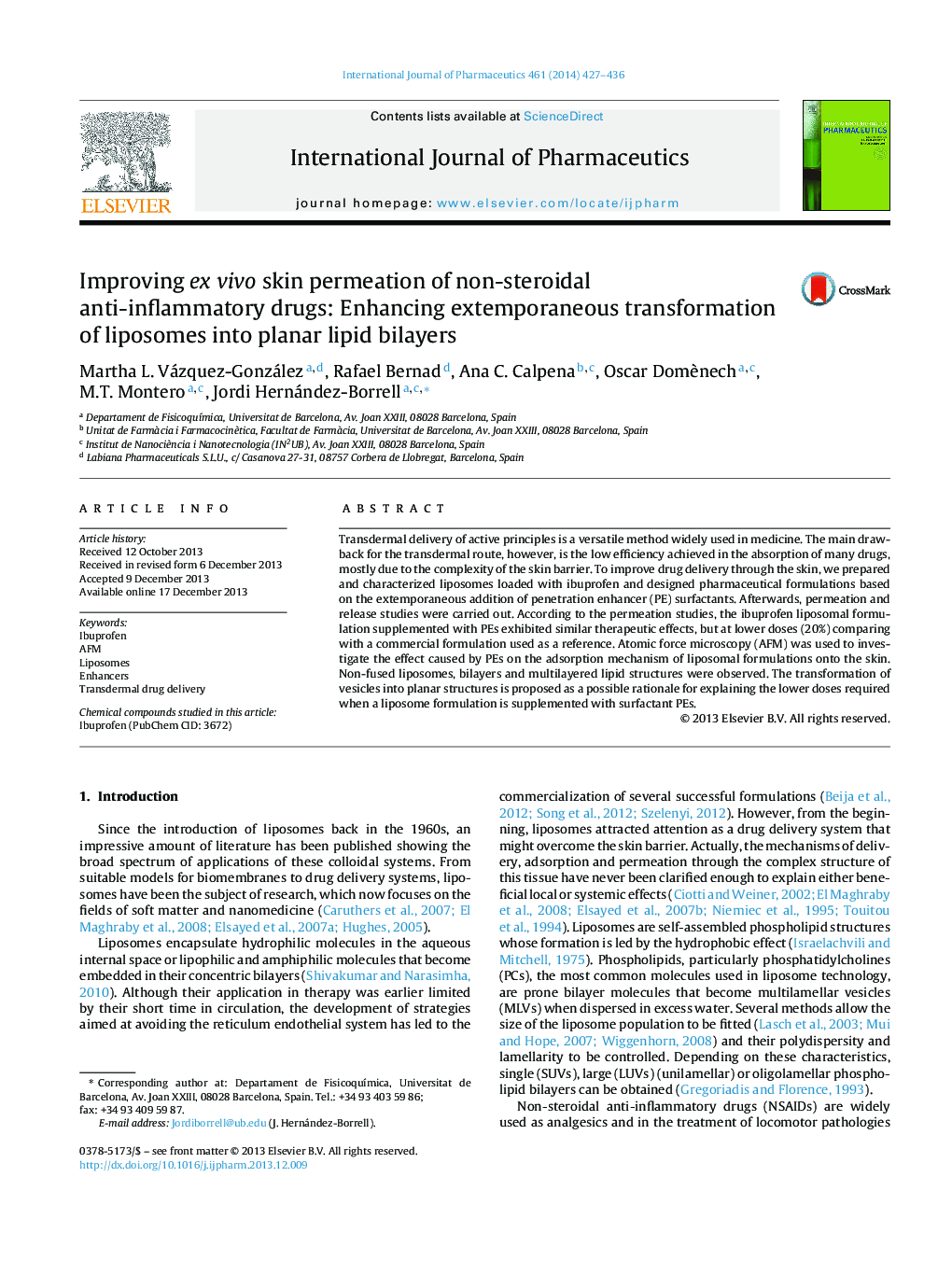 Improving ex vivo skin permeation of non-steroidal anti-inflammatory drugs: Enhancing extemporaneous transformation of liposomes into planar lipid bilayers