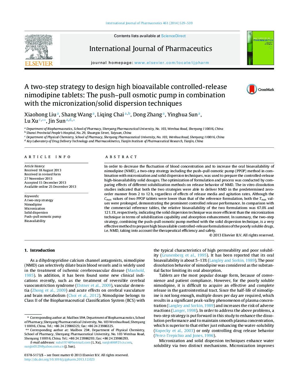 A two-step strategy to design high bioavailable controlled-release nimodipine tablets: The push–pull osmotic pump in combination with the micronization/solid dispersion techniques