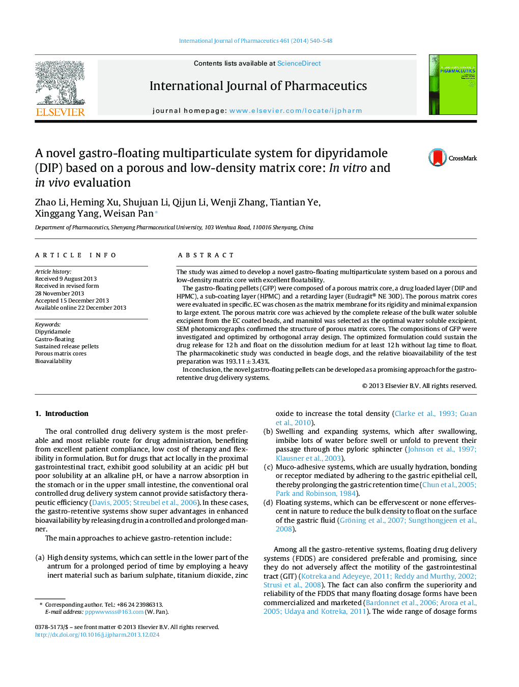 A novel gastro-floating multiparticulate system for dipyridamole (DIP) based on a porous and low-density matrix core: In vitro and in vivo evaluation