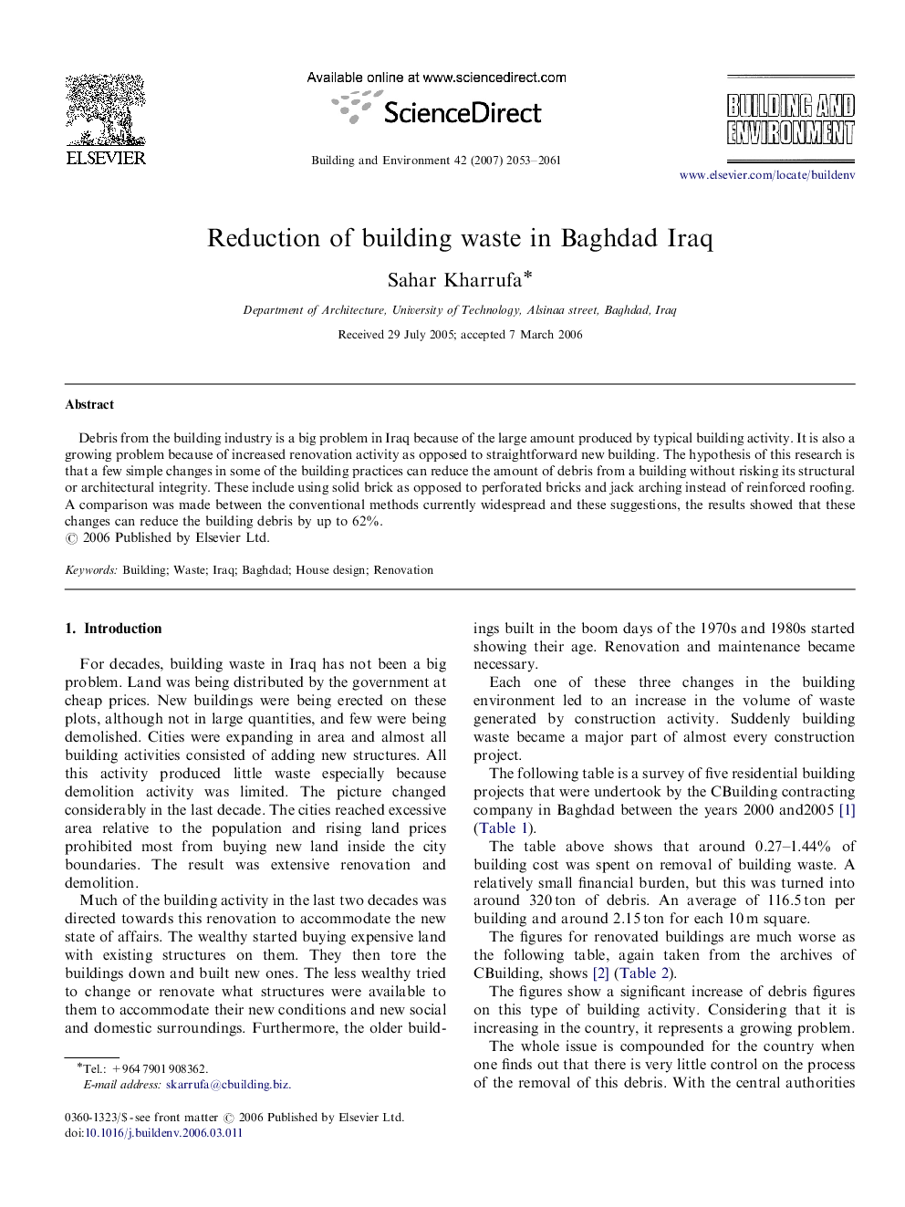 Reduction of building waste in Baghdad Iraq