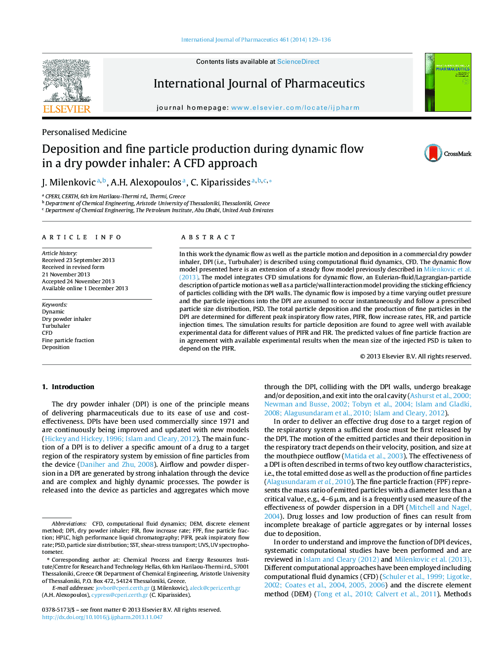 Deposition and fine particle production during dynamic flow in a dry powder inhaler: A CFD approach