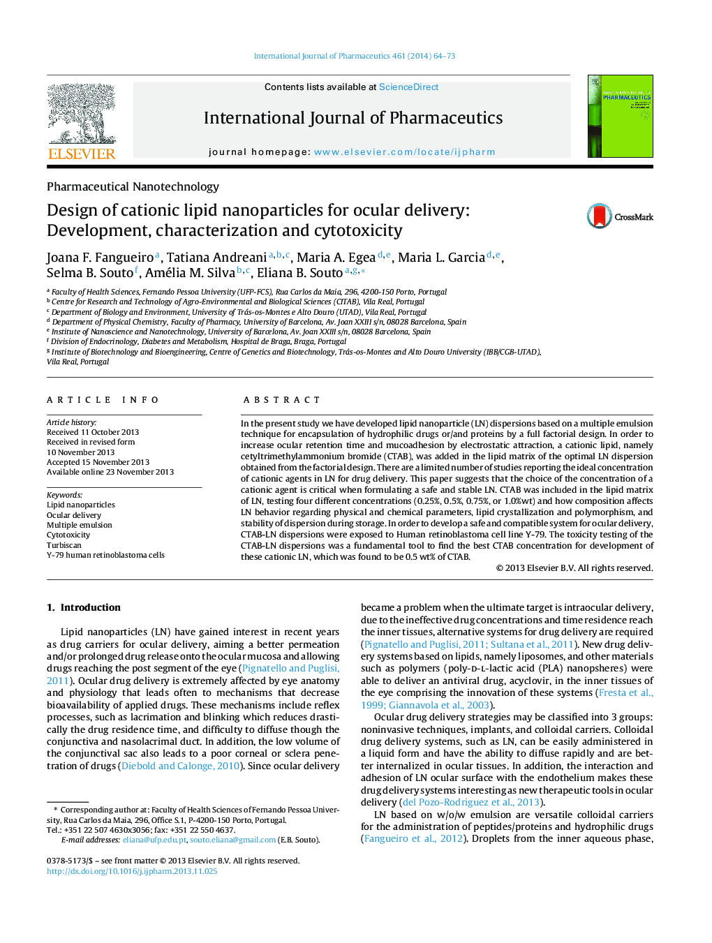 Design of cationic lipid nanoparticles for ocular delivery: Development, characterization and cytotoxicity