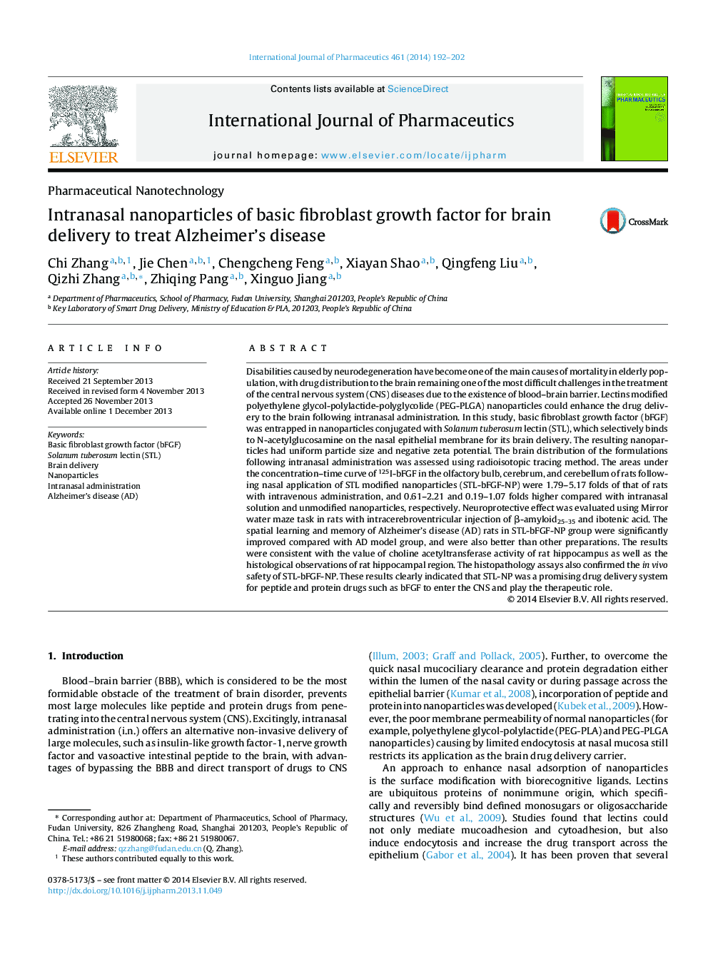 Intranasal nanoparticles of basic fibroblast growth factor for brain delivery to treat Alzheimer's disease