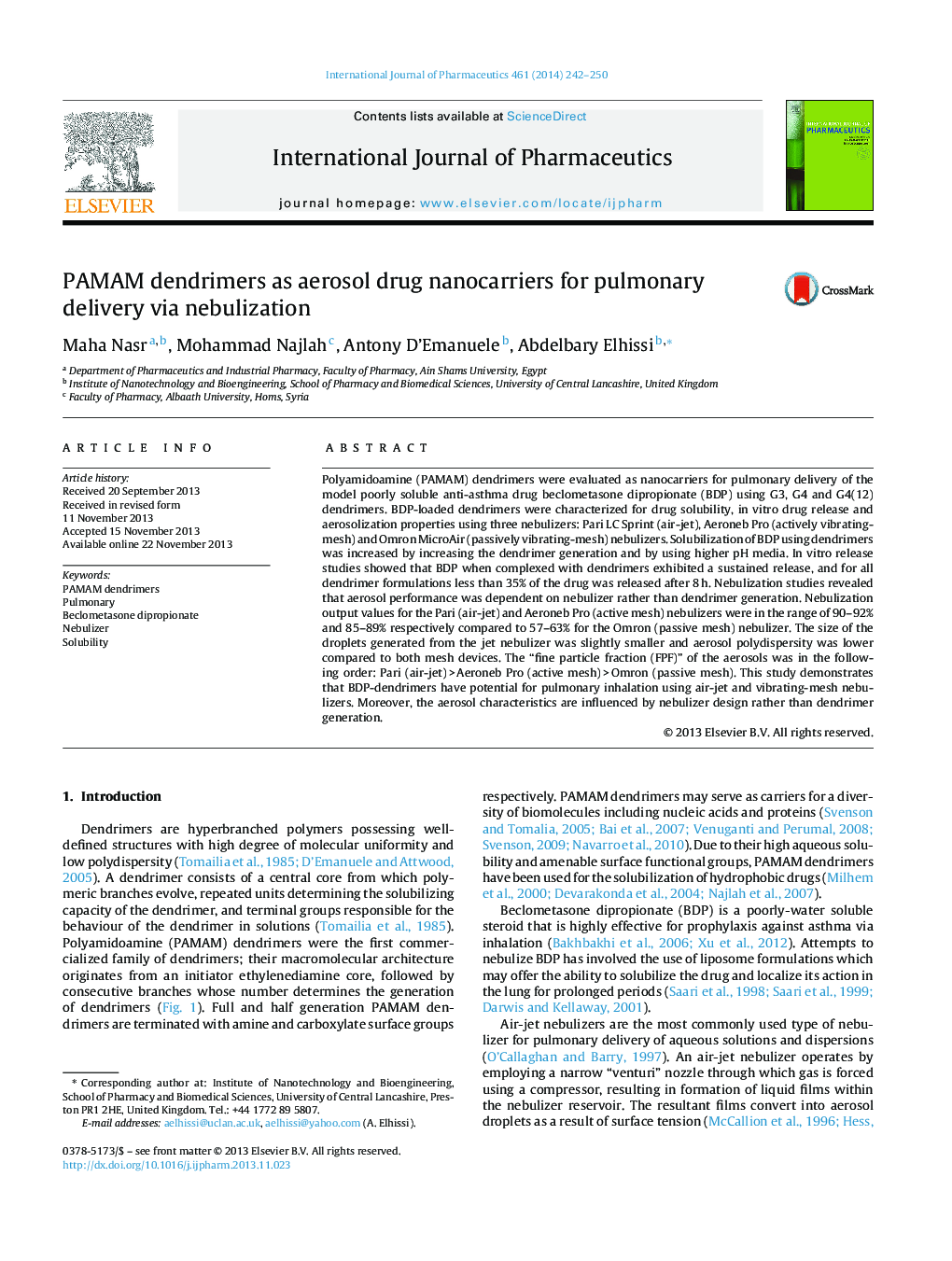 PAMAM dendrimers as aerosol drug nanocarriers for pulmonary delivery via nebulization