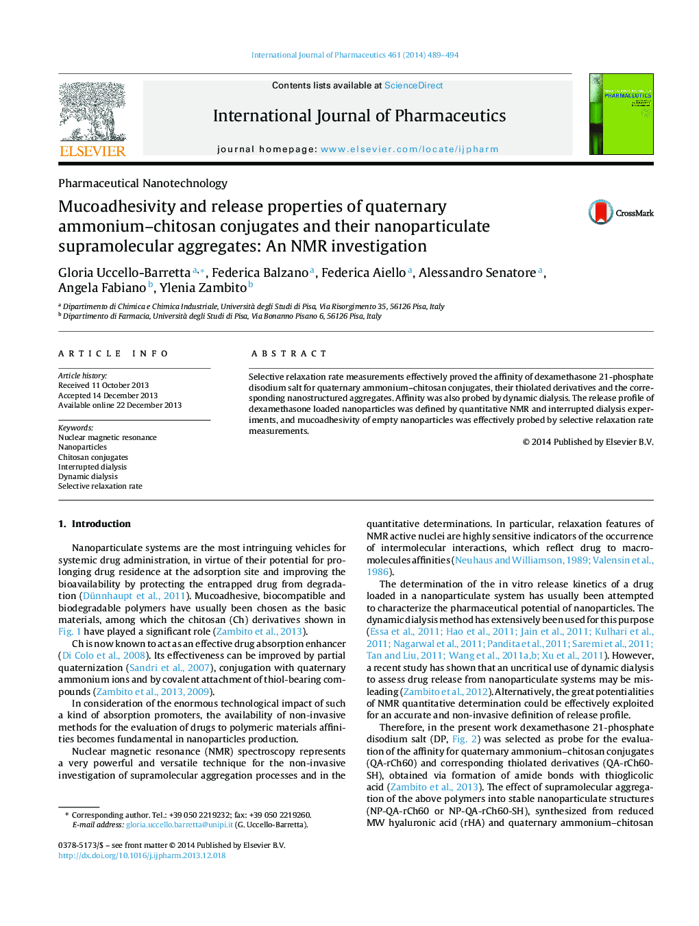 Mucoadhesivity and release properties of quaternary ammonium–chitosan conjugates and their nanoparticulate supramolecular aggregates: An NMR investigation