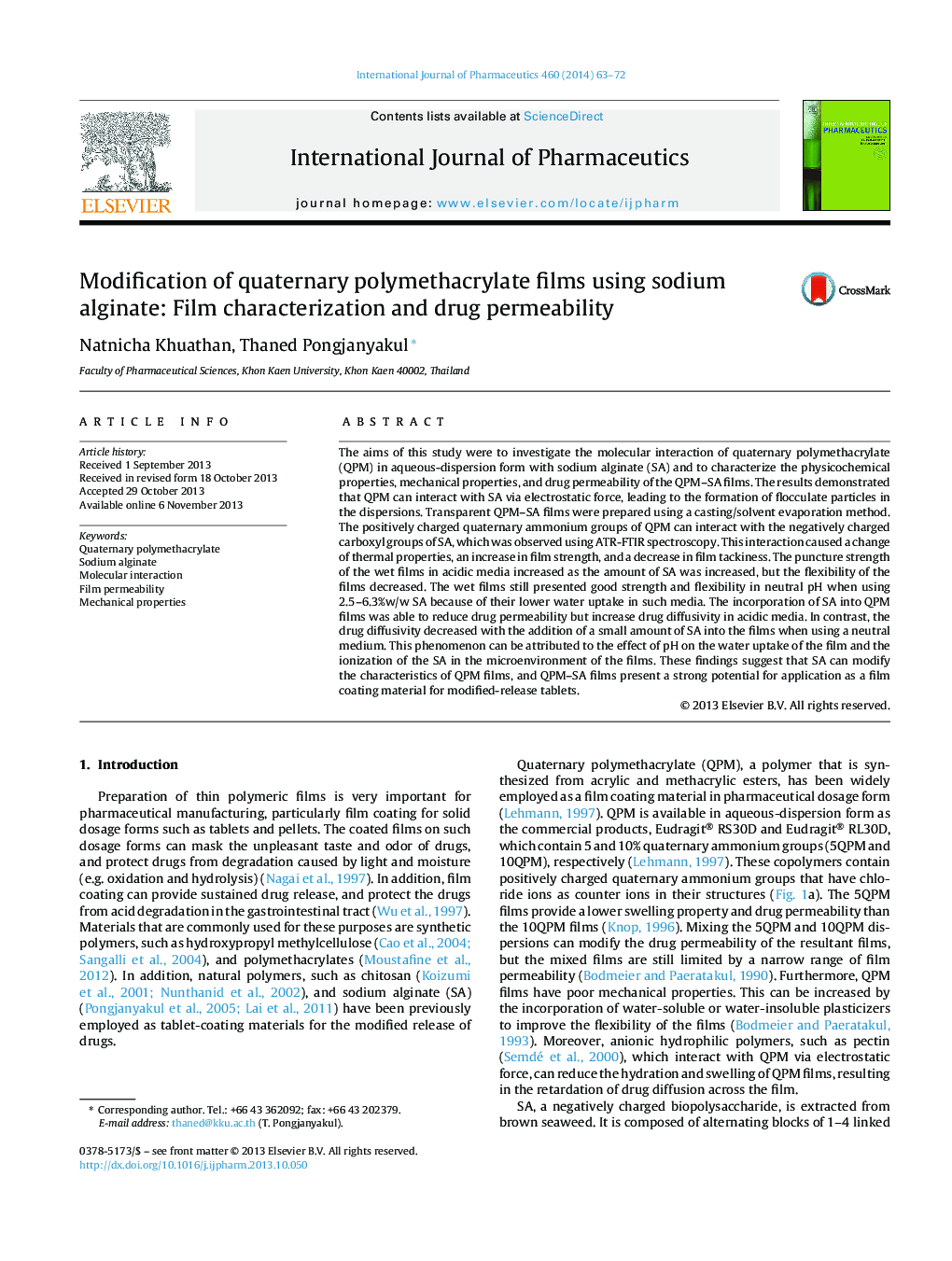 Modification of quaternary polymethacrylate films using sodium alginate: Film characterization and drug permeability
