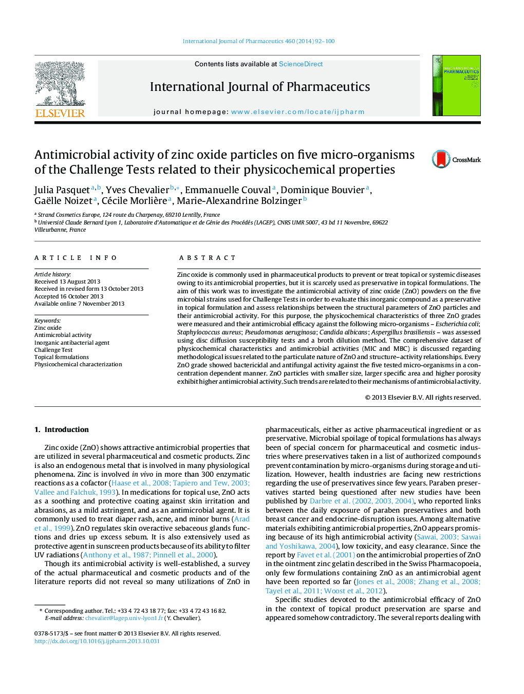 Antimicrobial activity of zinc oxide particles on five micro-organisms of the Challenge Tests related to their physicochemical properties