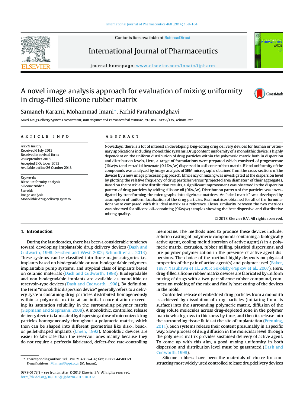 A novel image analysis approach for evaluation of mixing uniformity in drug-filled silicone rubber matrix