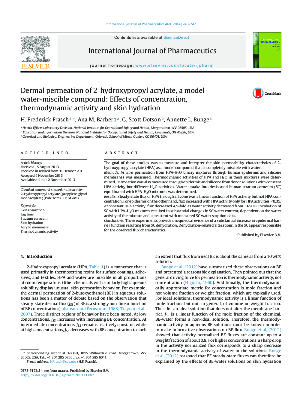 Dermal permeation of 2-hydroxypropyl acrylate, a model water-miscible compound: Effects of concentration, thermodynamic activity and skin hydration