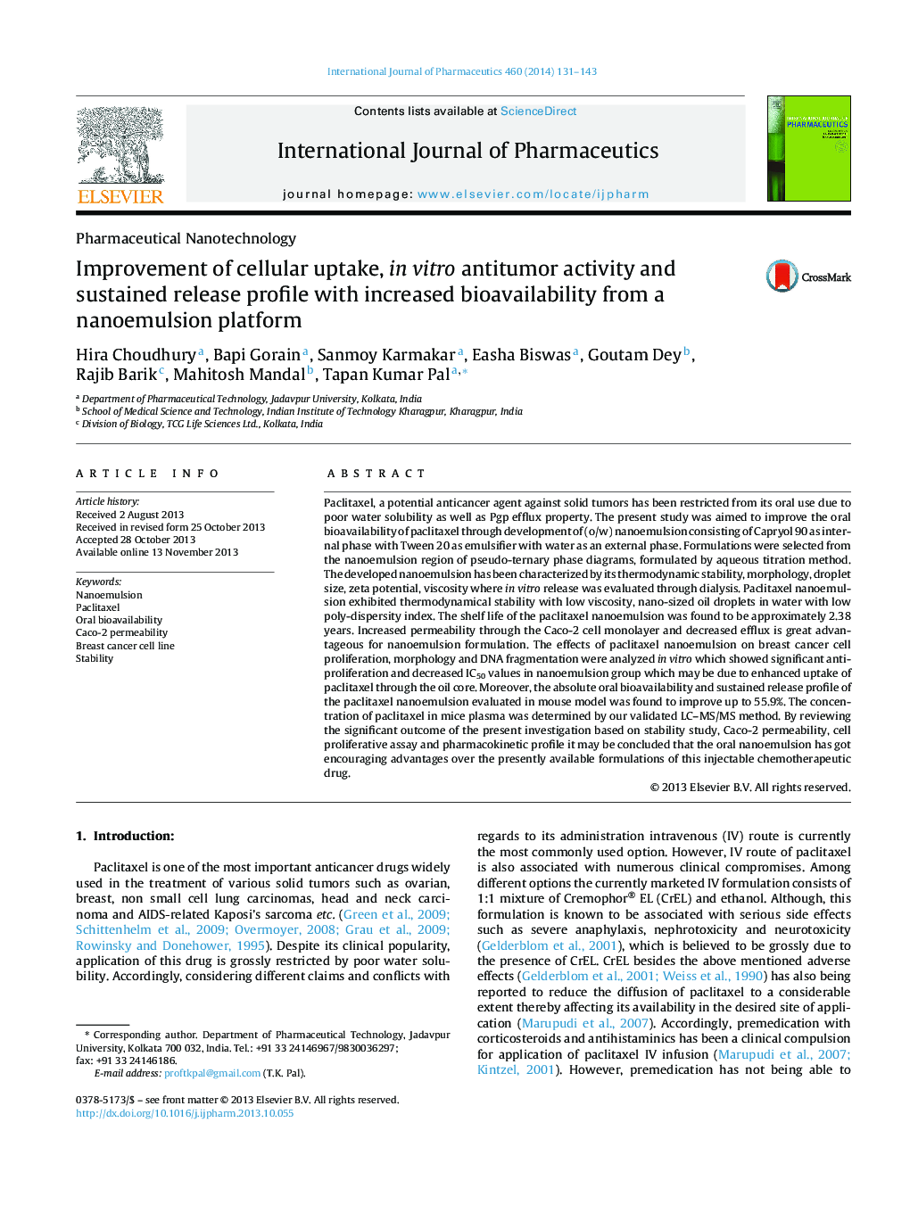 Improvement of cellular uptake, in vitro antitumor activity and sustained release profile with increased bioavailability from a nanoemulsion platform