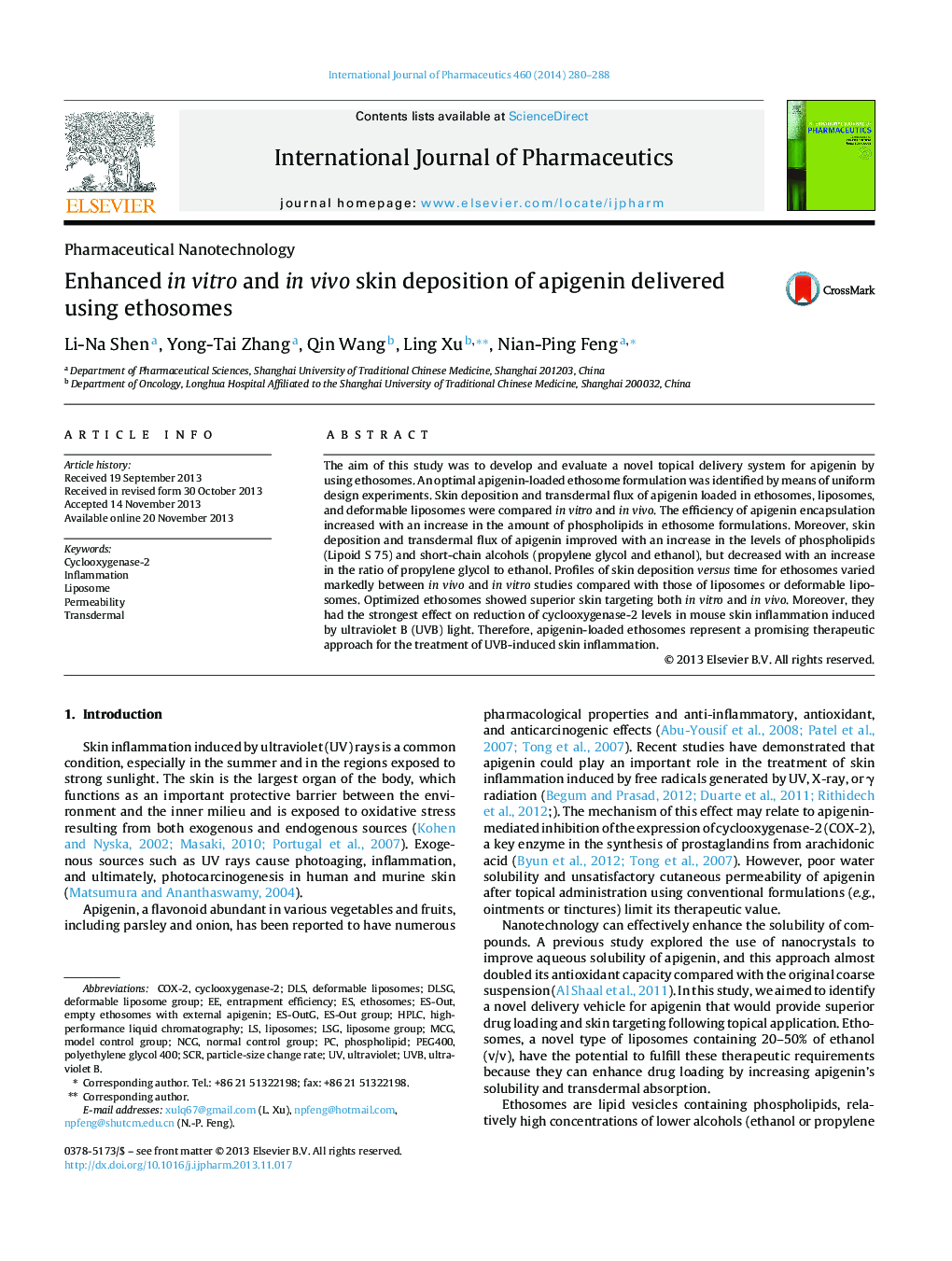 Enhanced in vitro and in vivo skin deposition of apigenin delivered using ethosomes