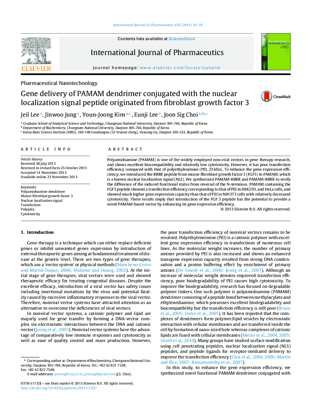 Gene delivery of PAMAM dendrimer conjugated with the nuclear localization signal peptide originated from fibroblast growth factor 3