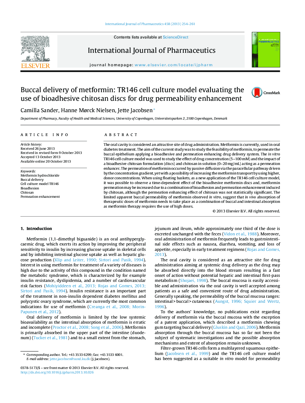 Buccal delivery of metformin: TR146 cell culture model evaluating the use of bioadhesive chitosan discs for drug permeability enhancement