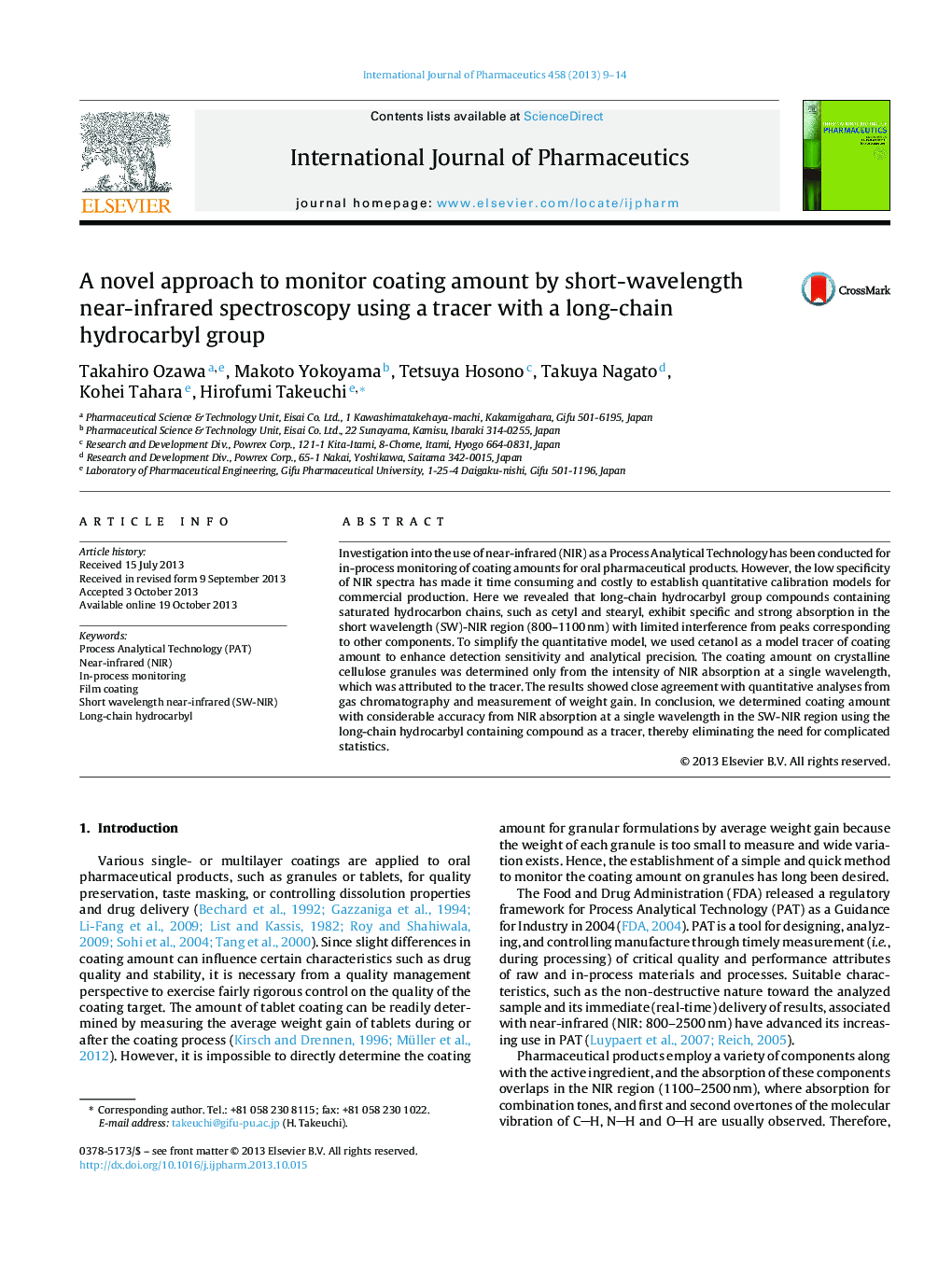 A novel approach to monitor coating amount by short-wavelength near-infrared spectroscopy using a tracer with a long-chain hydrocarbyl group