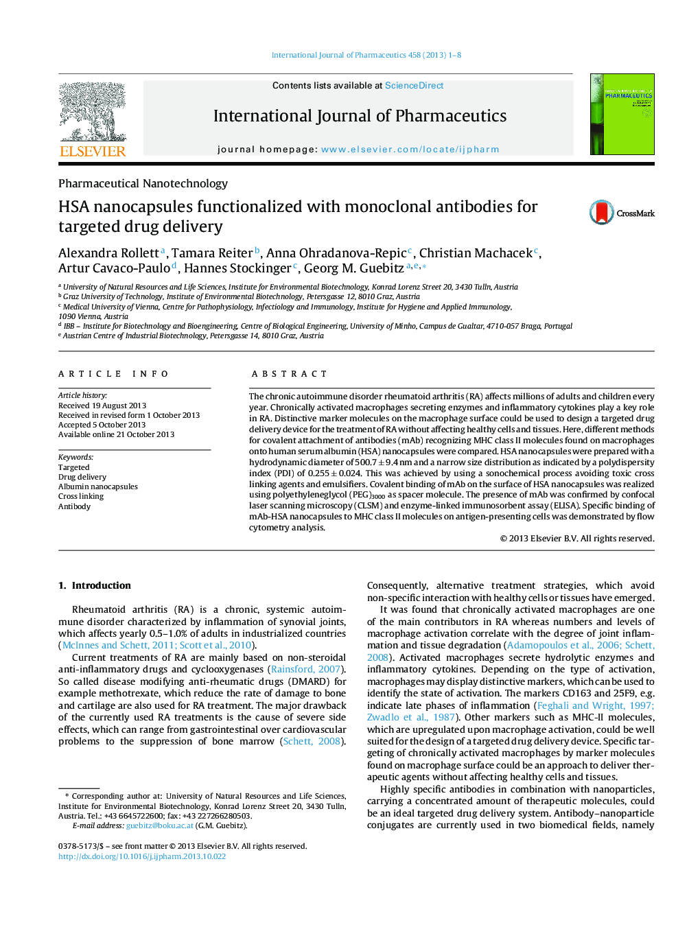 HSA nanocapsules functionalized with monoclonal antibodies for targeted drug delivery