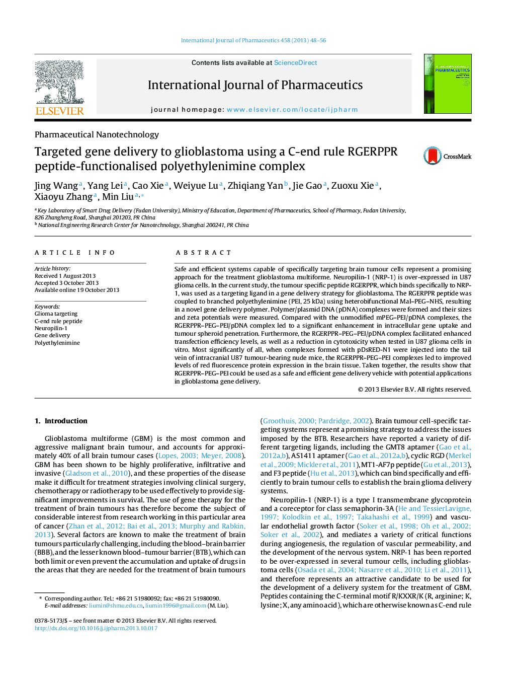 Targeted gene delivery to glioblastoma using a C-end rule RGERPPR peptide-functionalised polyethylenimine complex