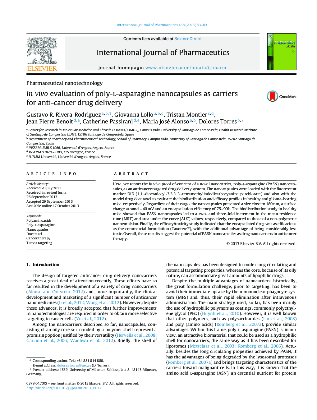 In vivo evaluation of poly-l-asparagine nanocapsules as carriers for anti-cancer drug delivery