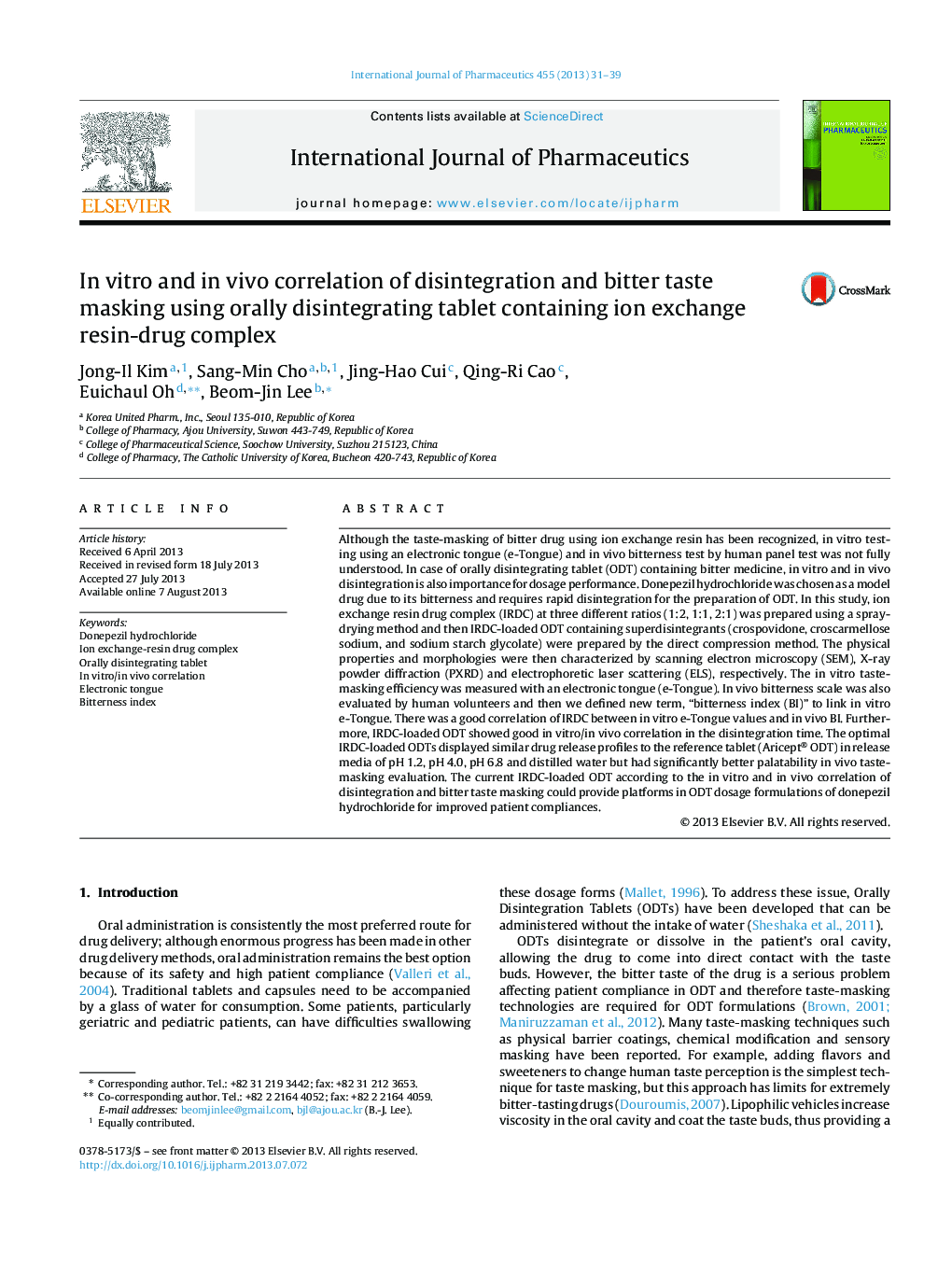 In vitro and in vivo correlation of disintegration and bitter taste masking using orally disintegrating tablet containing ion exchange resin-drug complex