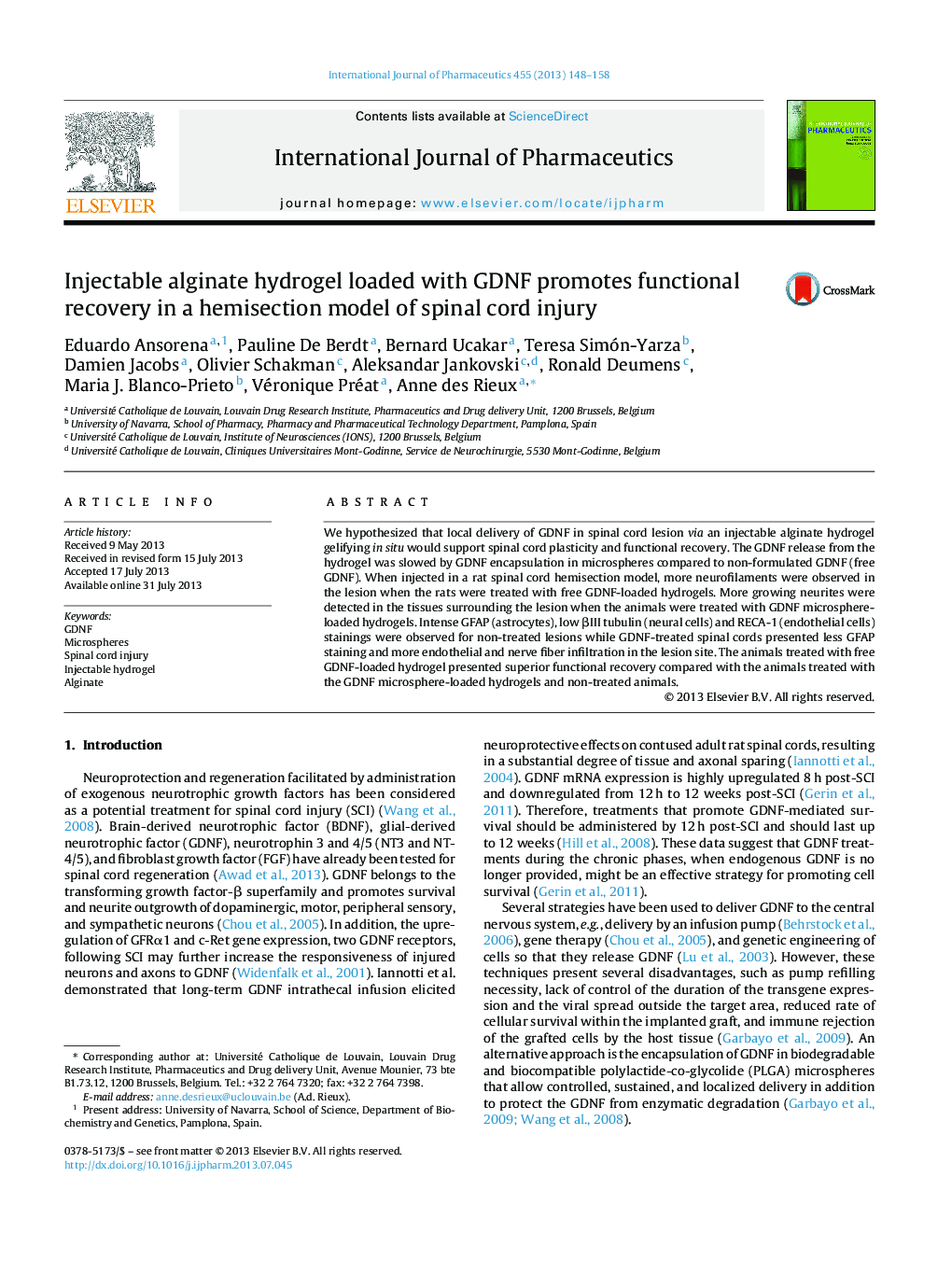 Injectable alginate hydrogel loaded with GDNF promotes functional recovery in a hemisection model of spinal cord injury