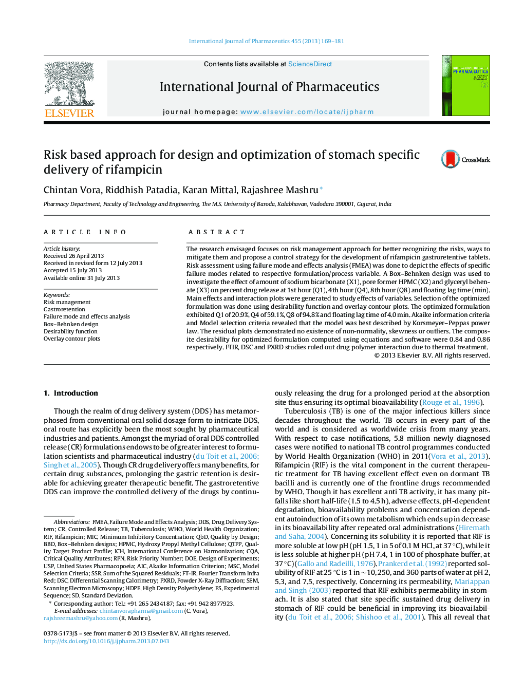 Risk based approach for design and optimization of stomach specific delivery of rifampicin