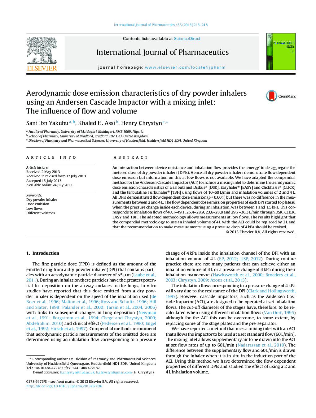 Aerodynamic dose emission characteristics of dry powder inhalers using an Andersen Cascade Impactor with a mixing inlet: The influence of flow and volume