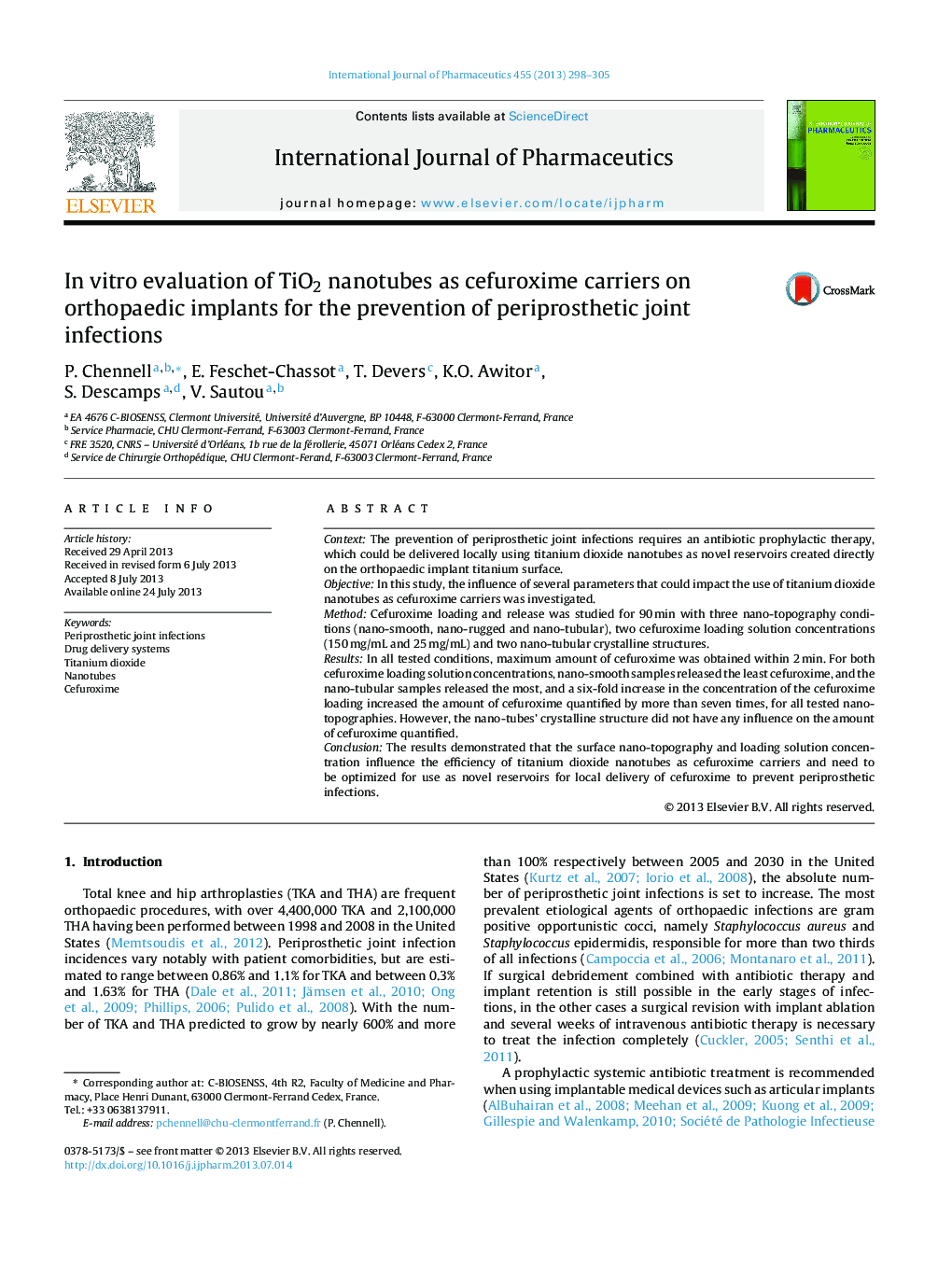 In vitro evaluation of TiO2 nanotubes as cefuroxime carriers on orthopaedic implants for the prevention of periprosthetic joint infections