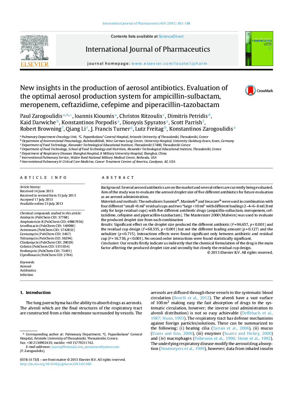 New insights in the production of aerosol antibiotics. Evaluation of the optimal aerosol production system for ampicillin-sulbactam, meropenem, ceftazidime, cefepime and piperacillin-tazobactam