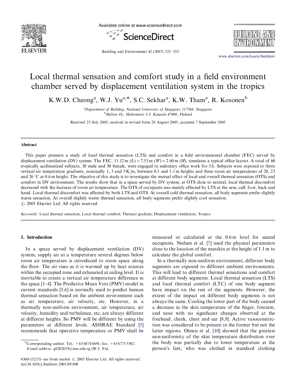 Local thermal sensation and comfort study in a field environment chamber served by displacement ventilation system in the tropics