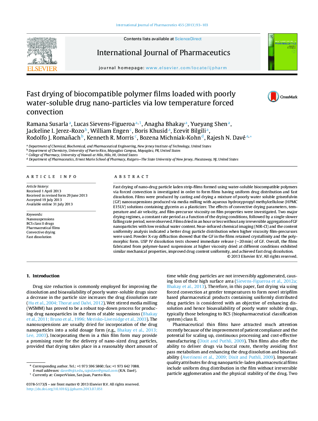 Fast drying of biocompatible polymer films loaded with poorly water-soluble drug nano-particles via low temperature forced convection