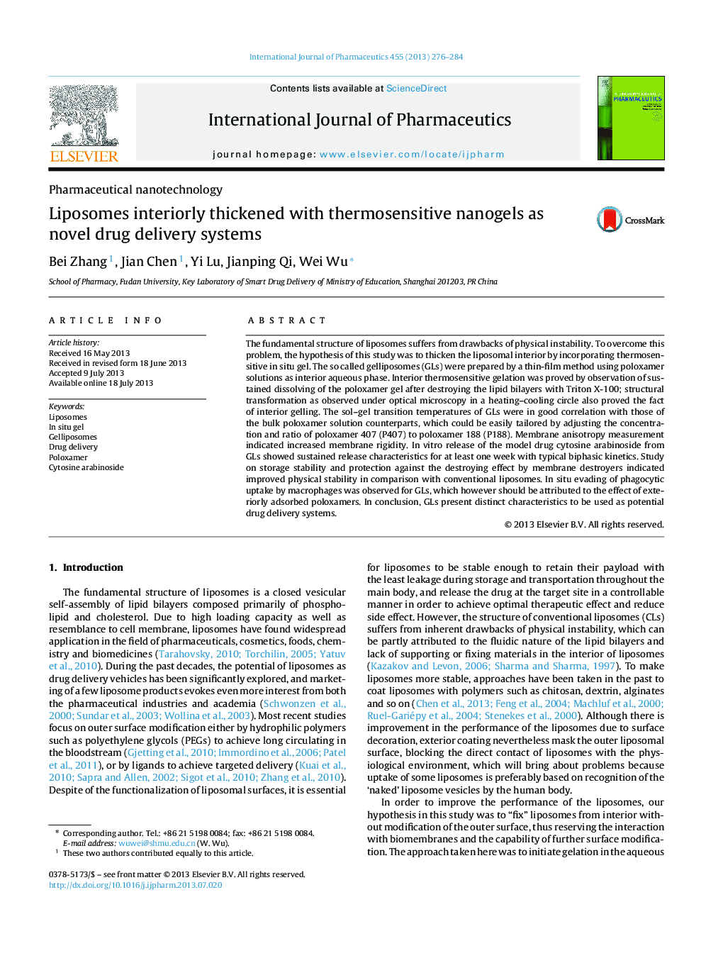 Liposomes interiorly thickened with thermosensitive nanogels as novel drug delivery systems