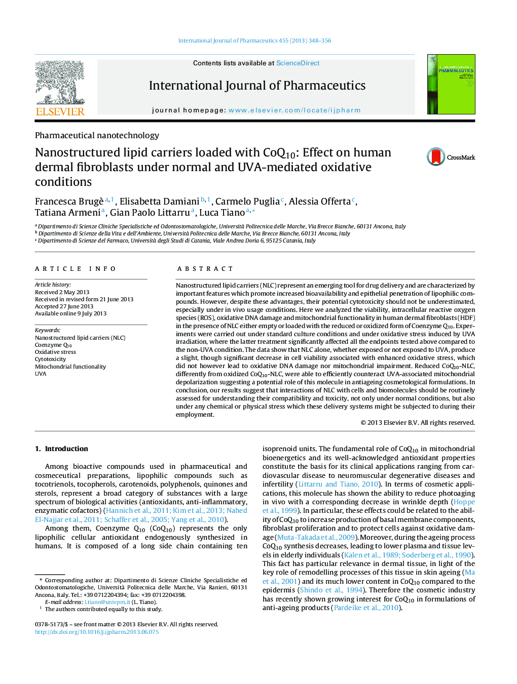 Nanostructured lipid carriers loaded with CoQ10: Effect on human dermal fibroblasts under normal and UVA-mediated oxidative conditions