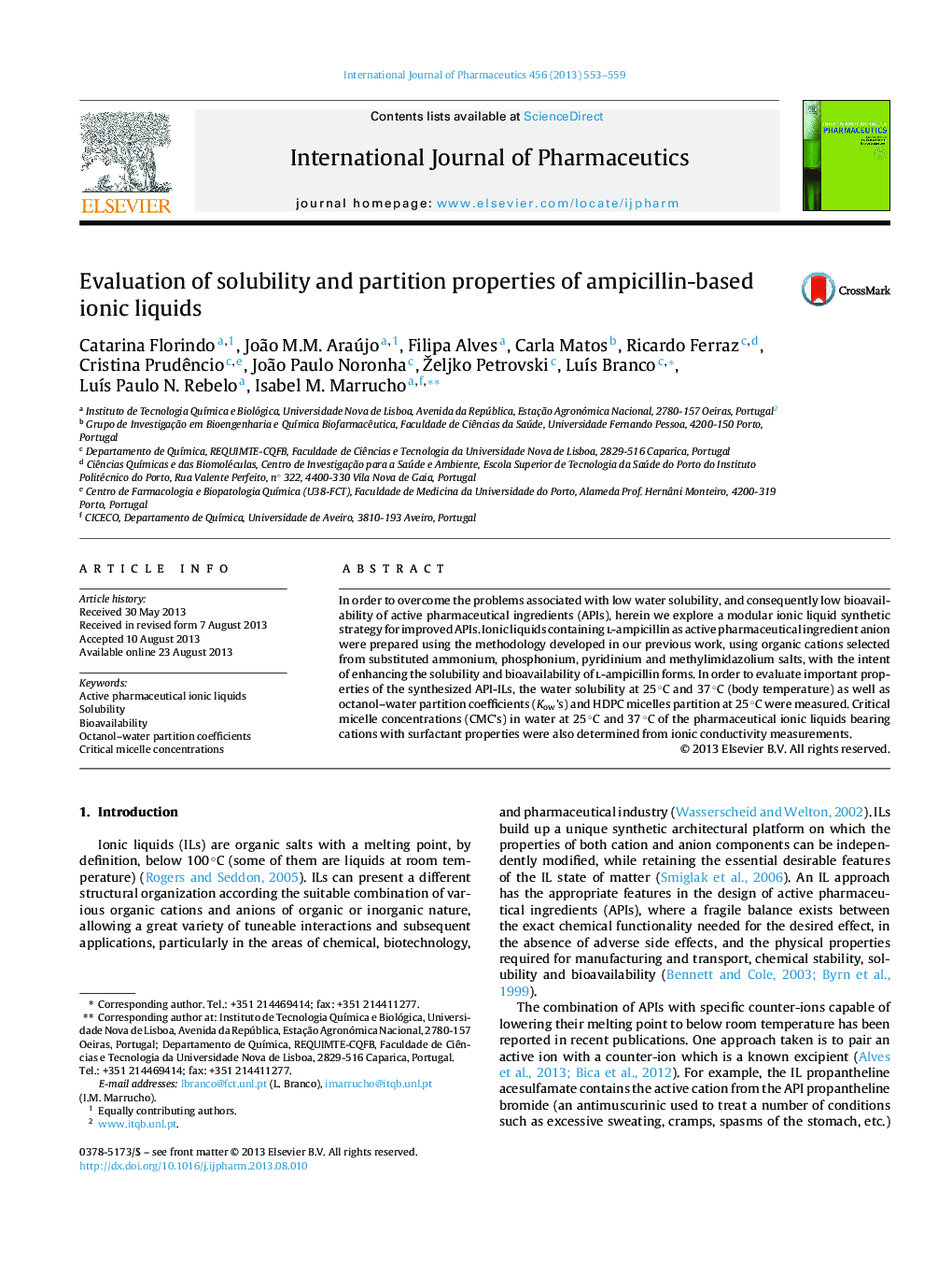 Evaluation of solubility and partition properties of ampicillin-based ionic liquids