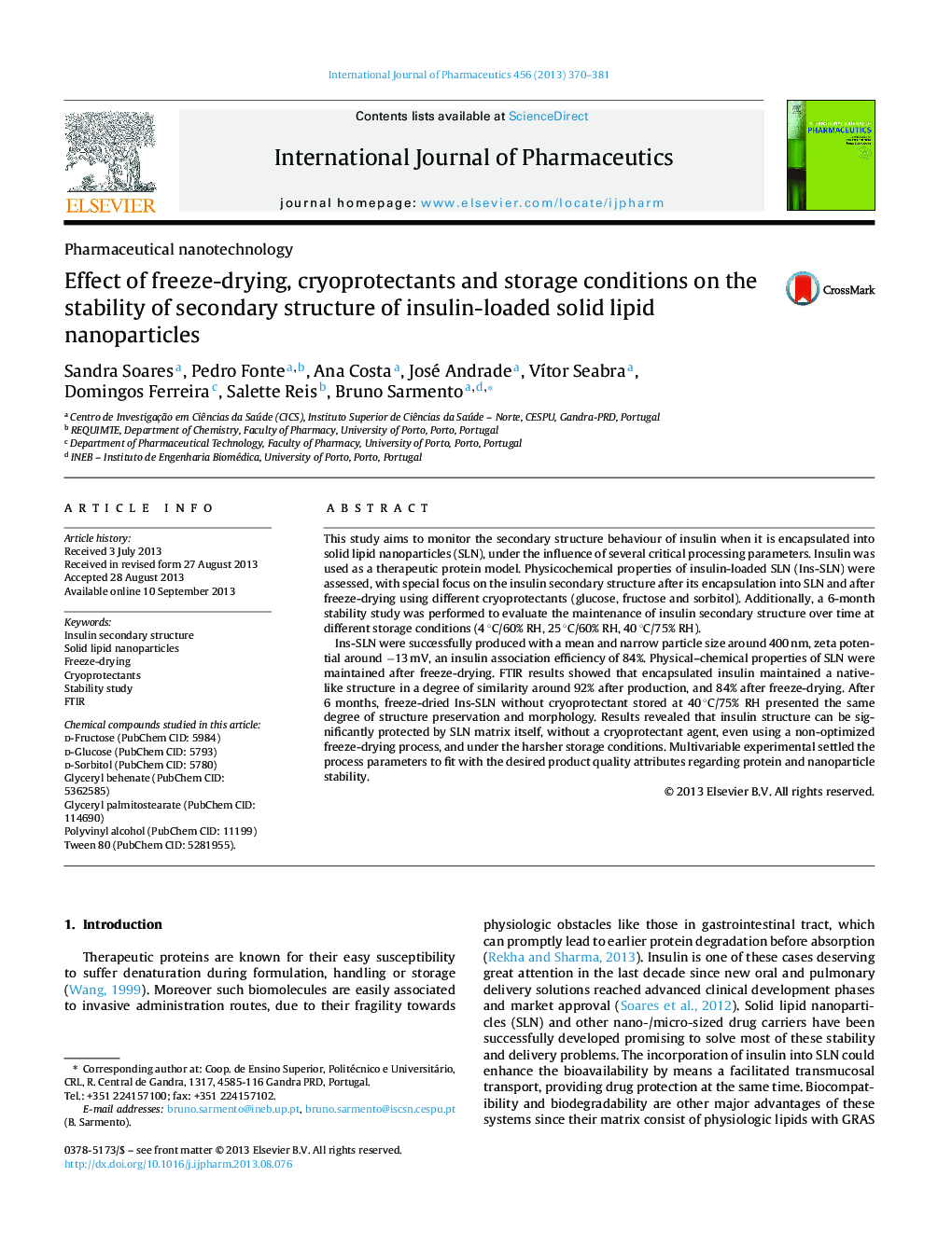 Effect of freeze-drying, cryoprotectants and storage conditions on the stability of secondary structure of insulin-loaded solid lipid nanoparticles