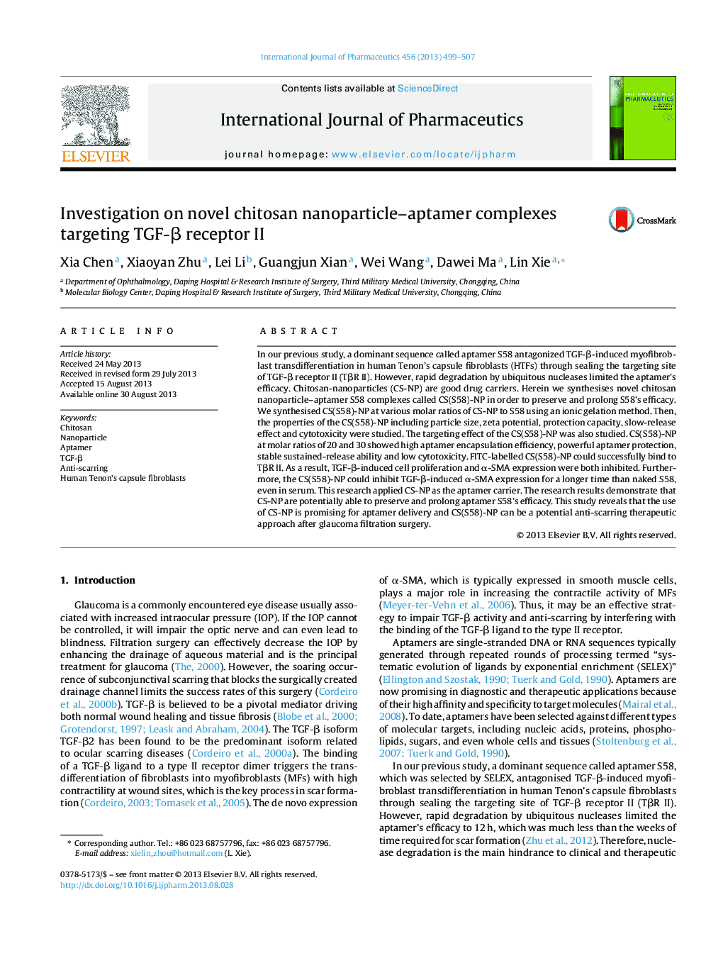 Investigation on novel chitosan nanoparticle–aptamer complexes targeting TGF-β receptor II