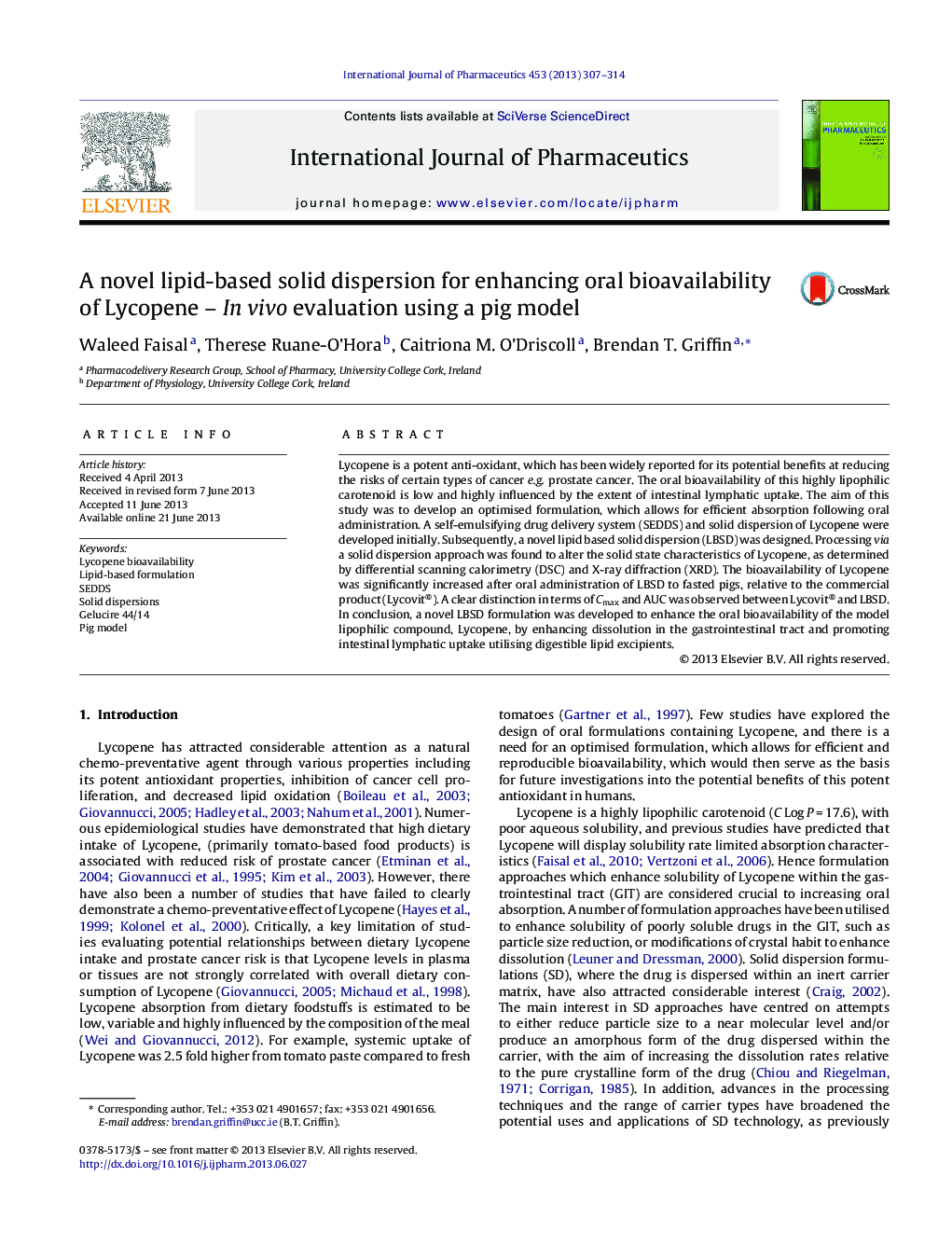 A novel lipid-based solid dispersion for enhancing oral bioavailability of Lycopene – In vivo evaluation using a pig model