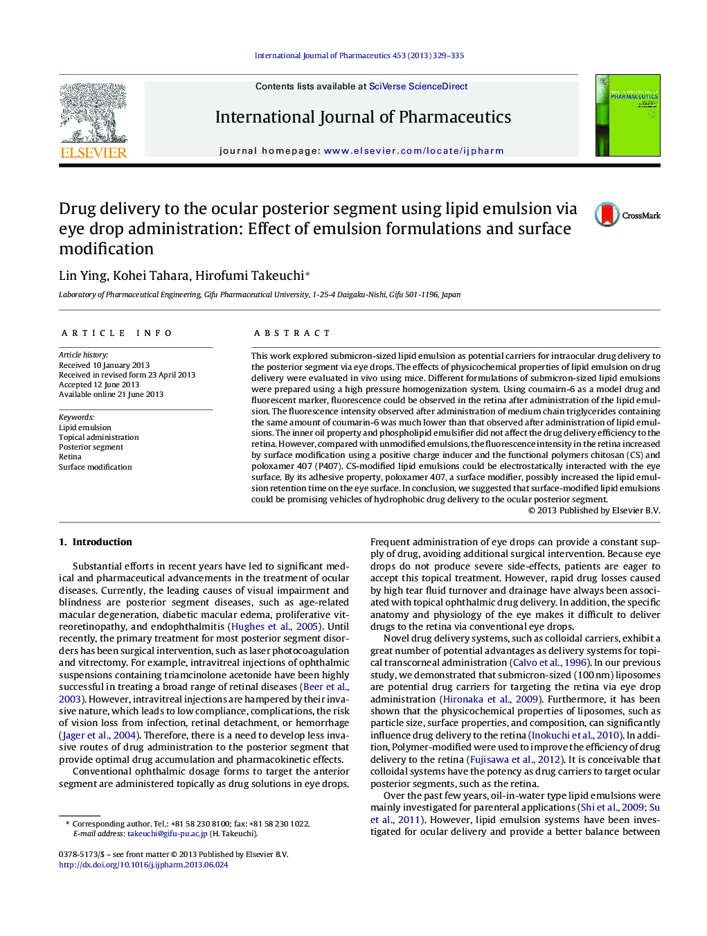 Drug delivery to the ocular posterior segment using lipid emulsion via eye drop administration: Effect of emulsion formulations and surface modification