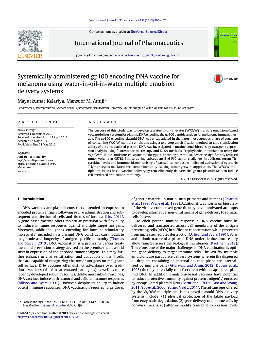 Systemically administered gp100 encoding DNA vaccine for melanoma using water-in-oil-in-water multiple emulsion delivery systems