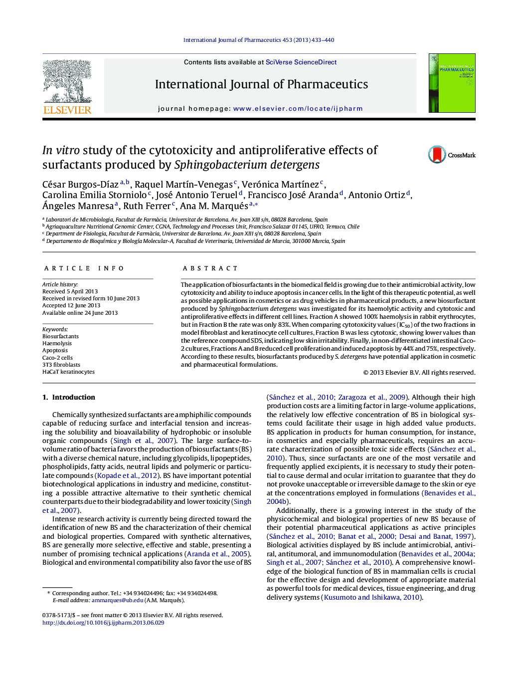 In vitro study of the cytotoxicity and antiproliferative effects of surfactants produced by Sphingobacterium detergens