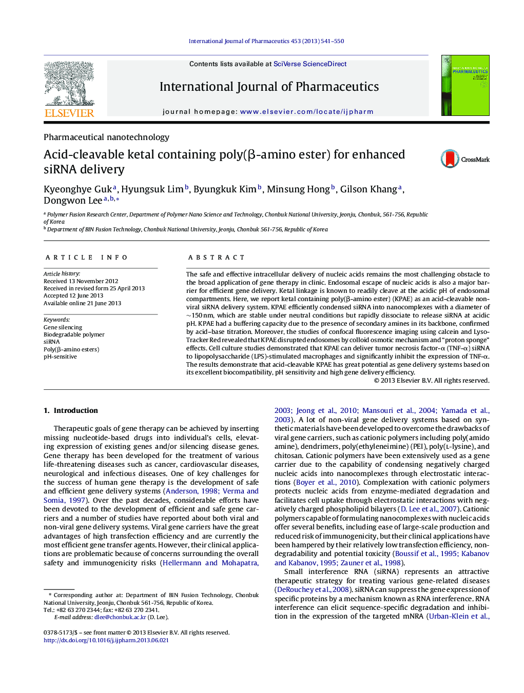 Acid-cleavable ketal containing poly(β-amino ester) for enhanced siRNA delivery