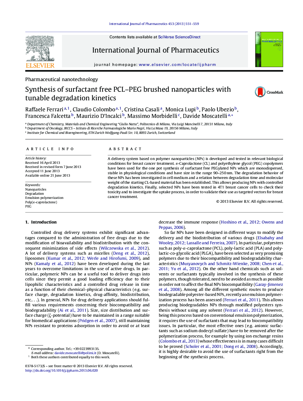 Synthesis of surfactant free PCL–PEG brushed nanoparticles with tunable degradation kinetics