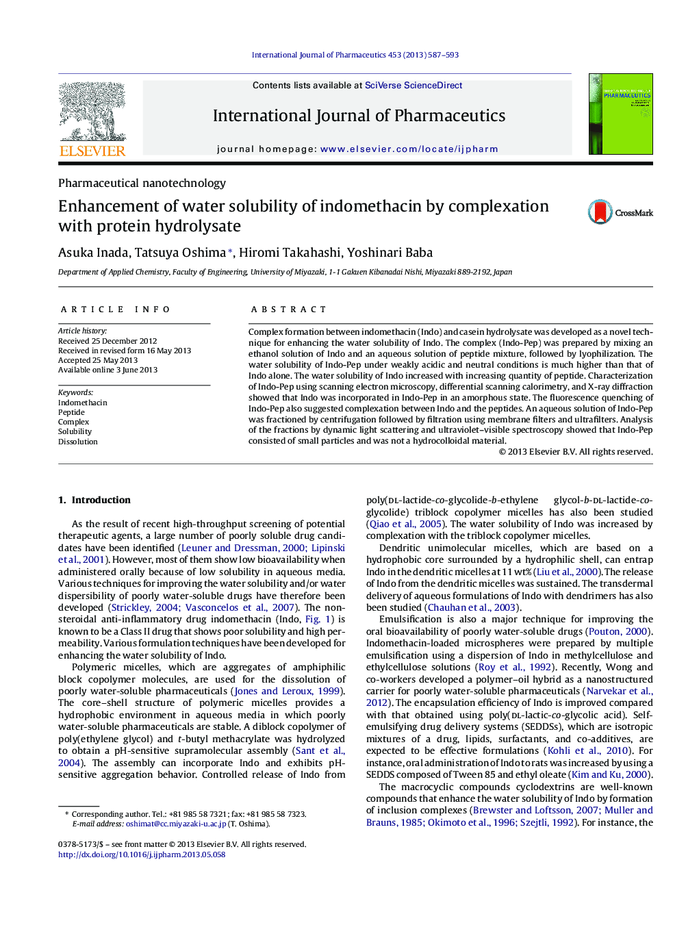 Enhancement of water solubility of indomethacin by complexation with protein hydrolysate