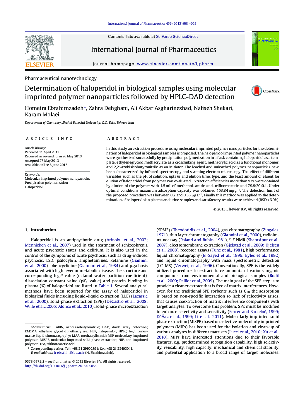 Determination of haloperidol in biological samples using molecular imprinted polymer nanoparticles followed by HPLC-DAD detection