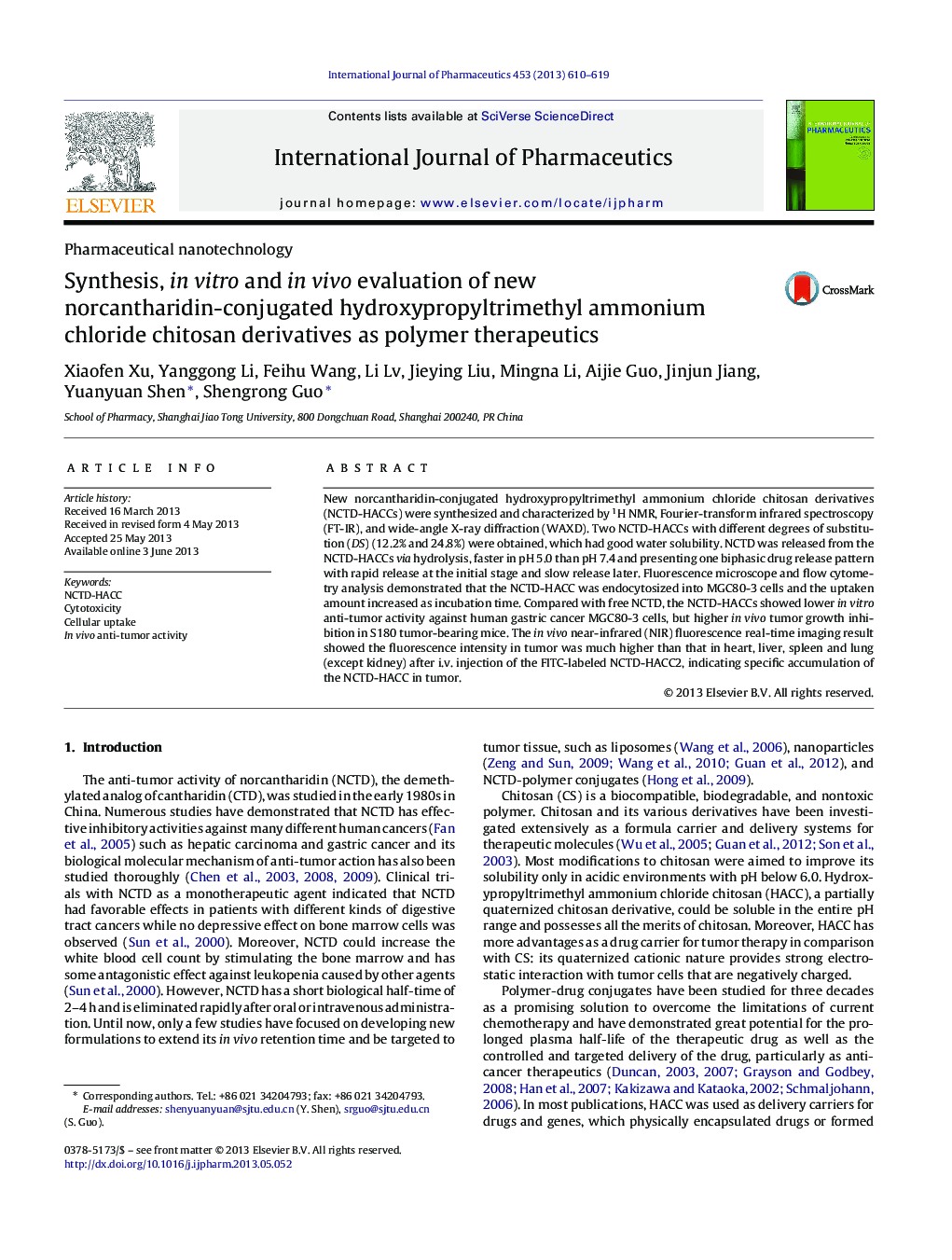 Synthesis, in vitro and in vivo evaluation of new norcantharidin-conjugated hydroxypropyltrimethyl ammonium chloride chitosan derivatives as polymer therapeutics