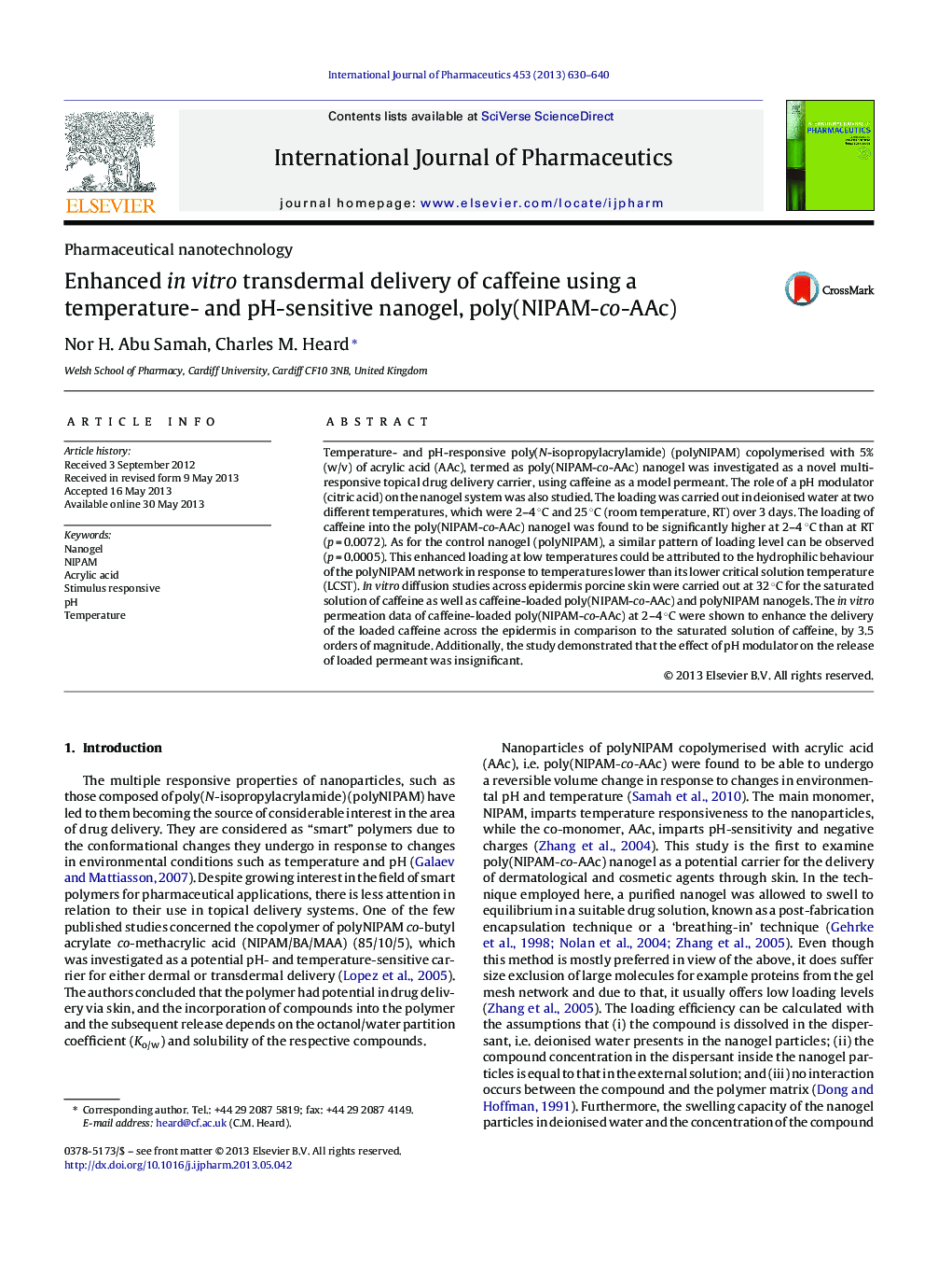 Enhanced in vitro transdermal delivery of caffeine using a temperature- and pH-sensitive nanogel, poly(NIPAM-co-AAc)