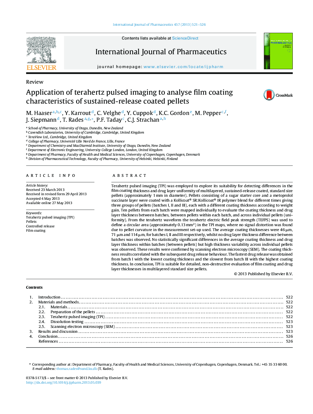 Application of terahertz pulsed imaging to analyse film coating characteristics of sustained-release coated pellets