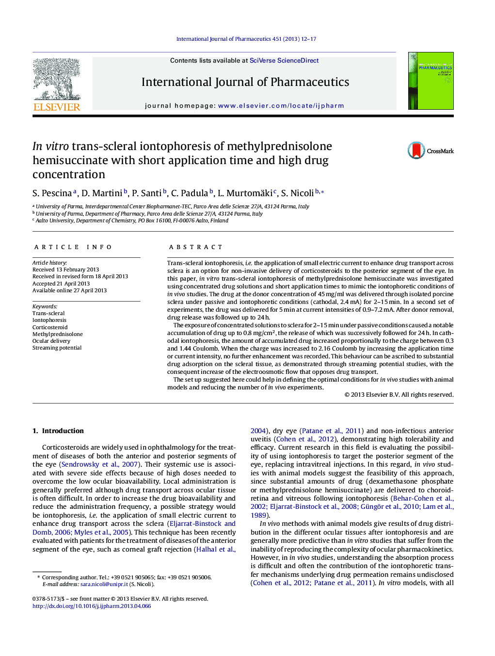 In vitro trans-scleral iontophoresis of methylprednisolone hemisuccinate with short application time and high drug concentration